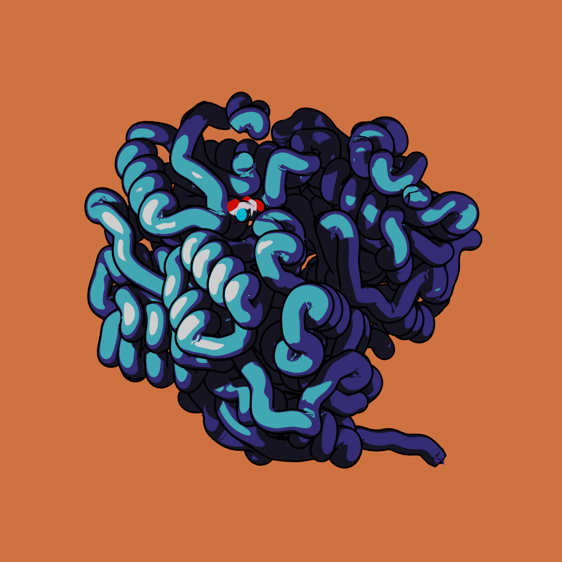 Stylized cel-shaded protein on orange field