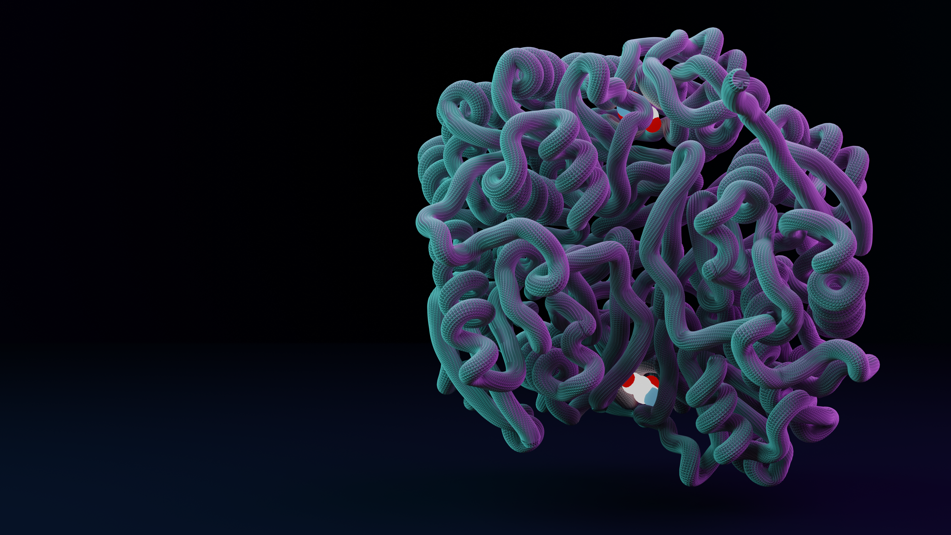 Cartoon-tube protein render, teal and violet, dark backdrop